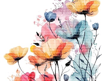 27 JPGs Abstract Watercolor Flowers, Wildflowers Clipart, Flowers Clipart, Floral Print, Printable Line Art Clipart, Paper Craft Invitation