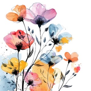 27 JPGs Abstract Watercolor Flowers, Wildflowers Clipart, Flowers Clipart, Floral Print, Printable Line Art Clipart, Paper Craft Invitation