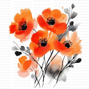 18 Clipart abstrait fleurs de pavot orange, imprimable aquarelle Clipart pavot impression florale, PNG de haute qualité, téléchargement numérique, créations de papier