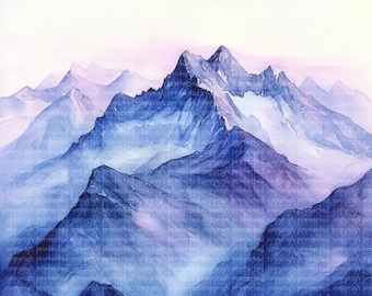 Conjunto de 16 clipart de montanhas majestosas em JPG - impressões de paisagens em aquarela, arte de parede com picos de montanhas, decoração de natureza para impressão, scrapbooking e artesanato