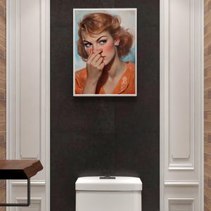 Funny mid-century bathroom wall art printable featuring a vintage 1950s-style man and woman holding their noses in exaggerated disgust. Styled like oil-painted magazine covers, these digital downloads include five sizes at 300 DPI. Perfect for retro bathroom decor, gag gifts, or quirky powder room wall art. Painterly brushstrokes, expressive faces, and classic Americana details bring nostalgic charm and cheeky humor to your home.