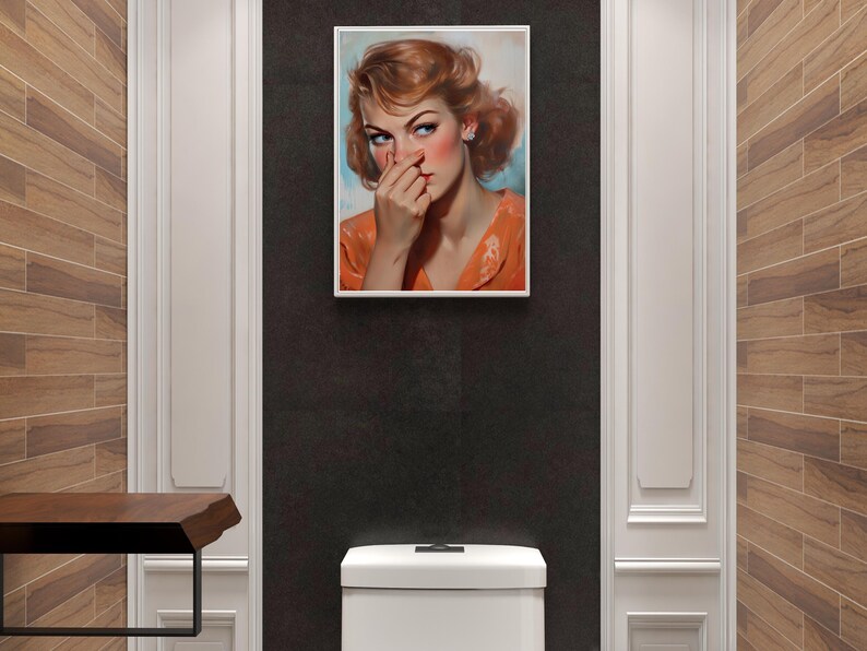 Funny mid-century bathroom wall art printable featuring a vintage 1950s-style man and woman holding their noses in exaggerated disgust. Styled like oil-painted magazine covers, these digital downloads include five sizes at 300 DPI. Perfect for retro bathroom decor, gag gifts, or quirky powder room wall art. Painterly brushstrokes, expressive faces, and classic Americana details bring nostalgic charm and cheeky humor to your home.