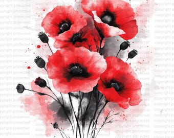 May include: A watercolor painting of a bouquet of red poppies with black stems and leaves. The flowers are painted in a realistic style with soft edges and subtle shading.