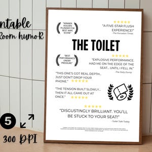Toilet 5 Star Review Wall Art White- Funny Bathroom Printable - Poop Humor Gag Gift – Loo Rating Sign, Washroom Decor, Instant Download JPG