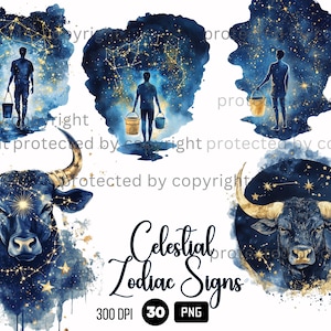 30 Celestial Zodiac Signs Clipart, Astrology PNG, Watercolor Golden Clouds Night Sky, Stars and Moon, Celestial Mystic Clipart PNG Bundle