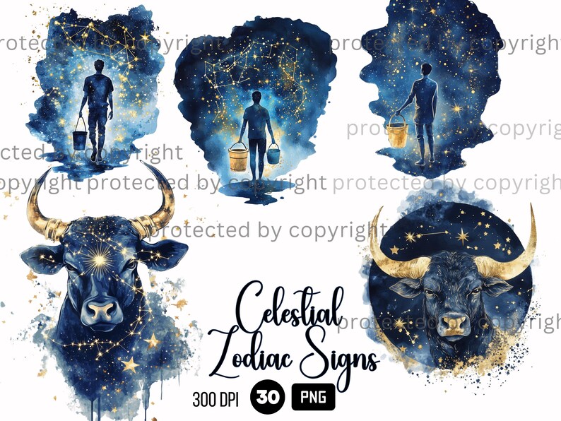 30 Celestial Zodiac Signs Clipart, Astrology PNG, Watercolor Golden Clouds Night Sky, Stars and Moon, Celestial Mystic Clipart PNG Bundle