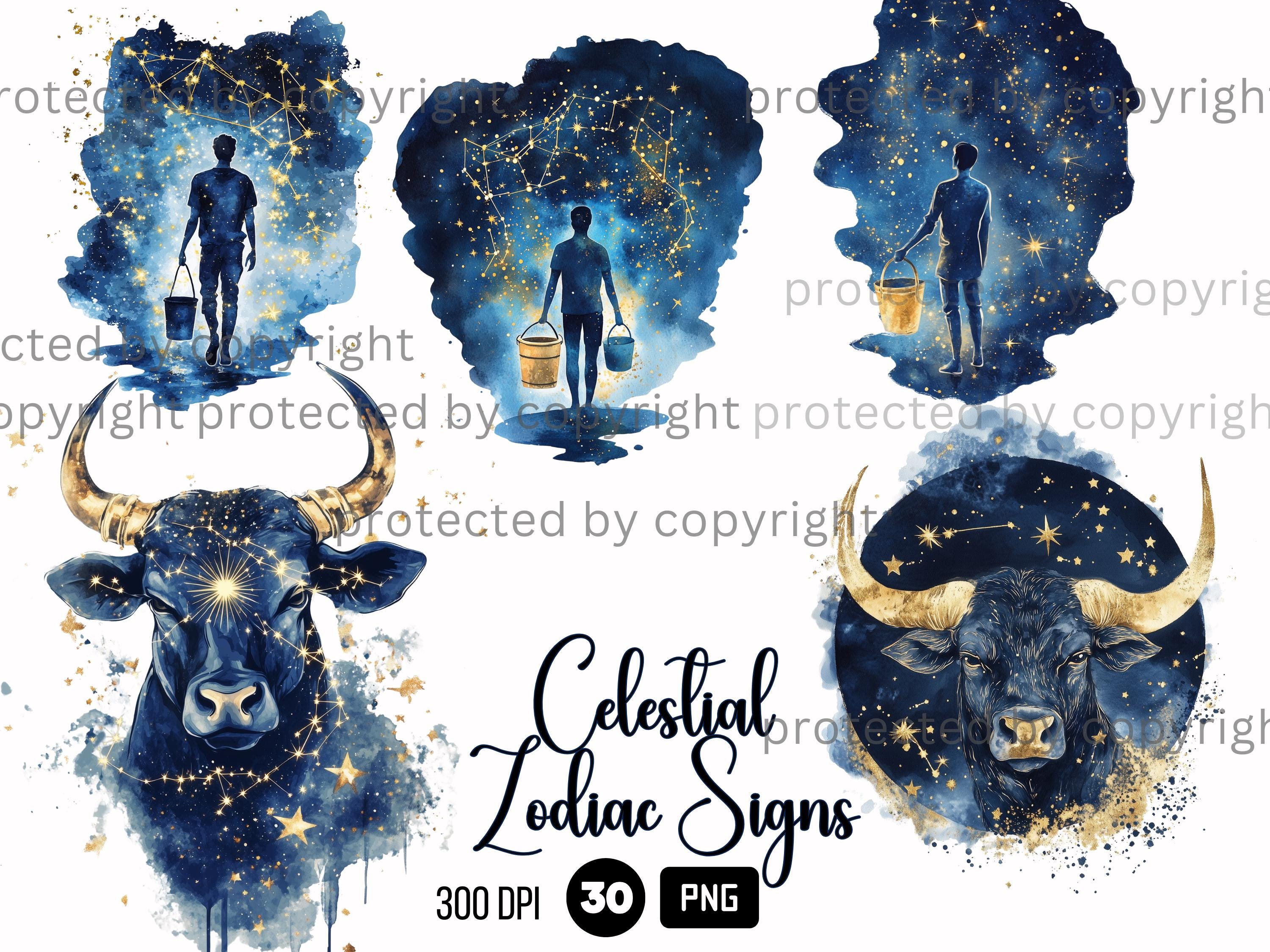 30 Celestial Zodiac Signs Clipart, Astrology PNG, Watercolor Golden ...