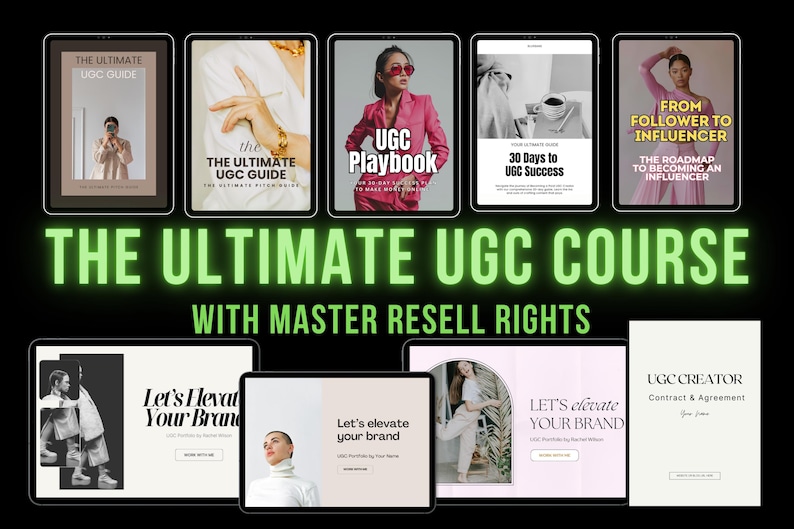 Ultimate UGC Course with Master Resell Rights – Learn how to monetize UGC, pitch brands, and build a profitable content creator business. Includes a step-by-step UGC playbook, influencer growth roadmap, monetization strategies, and resell rights.