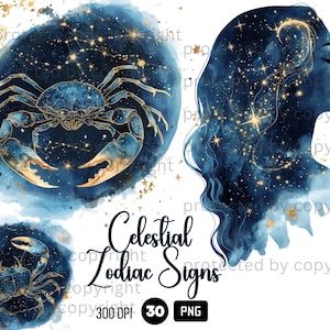 30 Celestial Zodiac Signs Clipart, Astrology PNG, Watercolor Golden Clouds Night Sky, Stars and Moon, Celestial Mystic Clipart PNG Bundle