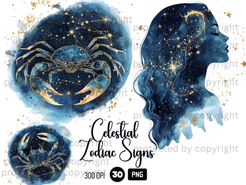 30 Celestial Zodiac Signs Clipart, Astrology PNG, Watercolor Golden Clouds Night Sky, Stars and Moon, Celestial Mystic Clipart PNG Bundle