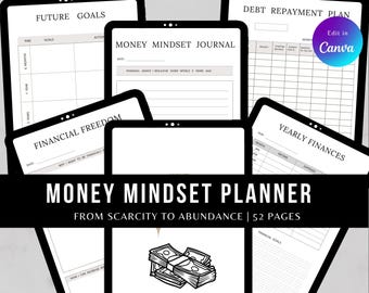Planificador de mentalidad financiera / Manifestación de abundancia y riqueza / PLR/MRR / Plantilla de Canva editable / Diario de presupuesto de objetivos financieros / DFY
