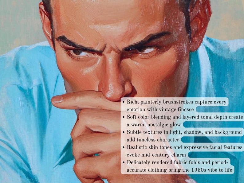 Funny mid-century bathroom wall art printable featuring a vintage 1950s-style man and woman holding their noses in exaggerated disgust. Styled like oil-painted magazine covers, these digital downloads include five sizes at 300 DPI. Perfect for retro bathroom decor, gag gifts, or quirky powder room wall art. Painterly brushstrokes, expressive faces, and classic Americana details bring nostalgic charm and cheeky humor to your home.