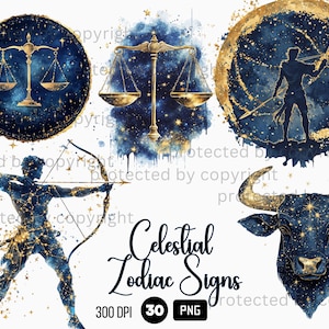 30 Celestial Zodiac Signs Clipart, Astrology PNG, Watercolor Golden Clouds Night Sky, Stars and Moon, Celestial Mystic Clipart PNG Bundle