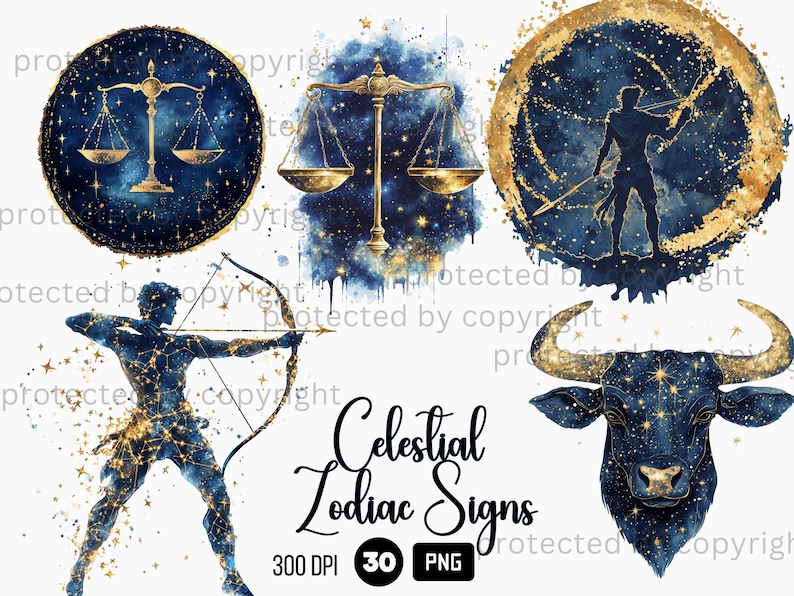 30 Celestial Zodiac Signs Clipart, Astrology PNG, Watercolor Golden Clouds Night Sky, Stars and Moon, Celestial Mystic Clipart PNG Bundle