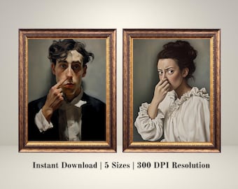 Toilet Humor Couple Wall Art Set- Funny Bath Gag Gift, Vintage Portraits, Classical Style Painting, Quirky Bathroom Decor Digital Download