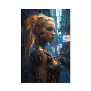 Cyborg Blonde Girl in New Tokyo - Cyberpunk Scifi Poster - Portrait - 12x18, 20x30, 24x36 - Museum Grade Matte Paper - by Nyobium