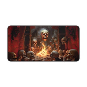 May include: A black and red gaming mousepad with a graphic of a skull surrounded by other skulls around a fire. The skulls are all wearing medieval clothing.