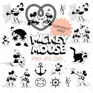 Steamboat Willie Ultimate Bundle classique Mickey Mouse, SVG PNG JPG vintage 1928, Cricut Art Clipart, Transparent, fête d'anniversaire de baby shower
