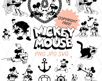Steamboat Willie Ultimate Bundle Classic Mickey Mouse, SVG PNG JPG Vintage 1928, Cricut Art Clipart, Transparent, Baby Shower Birthday party