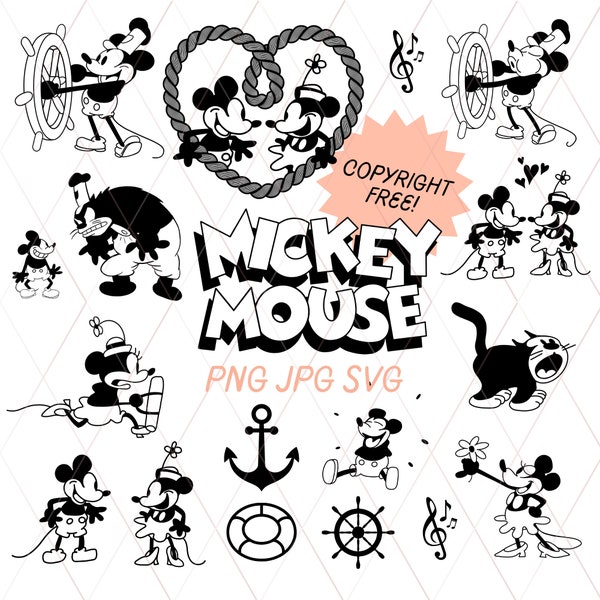 Steamboat Willie Ultimate Bundle Classic Mickey Mouse, SVG PNG JPG Vintage 1928, Cricut Art Clipart, transparant, baby shower verjaardagsfeestje