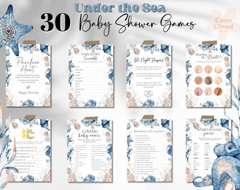Editable Canva Under the Sea Baby shower game, Mermaid Summer 30 bundle, Digital Download pdf, answer keys coed party activities, printables