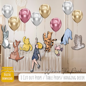 Decorazioni di scena DIGITALI // 8 amici di Winnie Pooh Pimpi Eeyore Tigro PNG PDF Palloncino da tavolo trasparente disegnato a mano per baby shower e compleanno