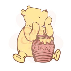 以下が含まれることがあります： 黄色いクマのプーさんの漫画のイラストで、赤いハチミツの壺を持っており、壺には「ハニー」と書かれています。