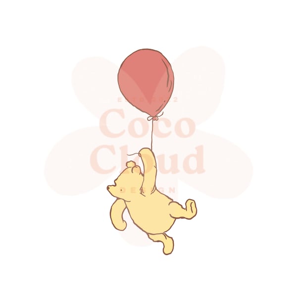 Classic Winnie Pooh red balloon, PNG JPEG, Artwork Clipart, Transparent Background, Baby Shower Birthday Invitations, Multi-use, Card Shirt