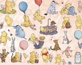 PNG/PDF Classic Winnie the Pooh and Friends Clip Art, 27 Bundle, Transparent, Baby Shower Birthday Invitations Card Vintage Poster piglet