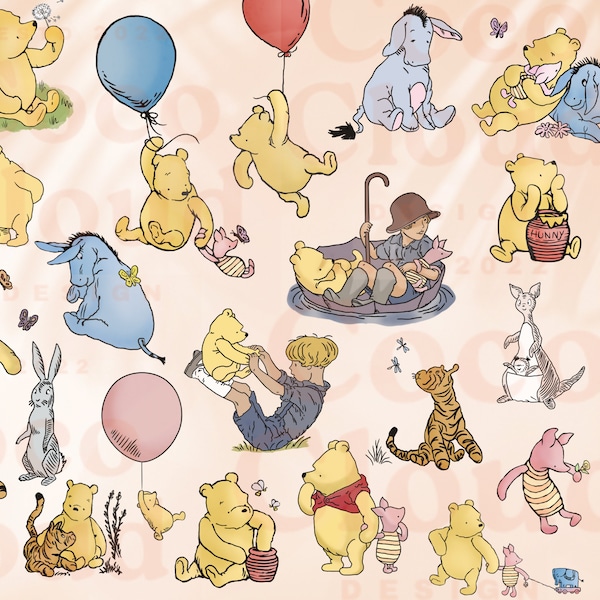 PNG/PDF Classic Winnie the Pooh and Friends Clip Art, 27 Bundle, Transparent, Baby Shower Birthday Invitations Card Vintage Poster piglet