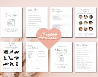 Minimalist Baby shower game bundle coed Digital printable 10 games with answer keys modern Neutral Baby Shower party activities ideas