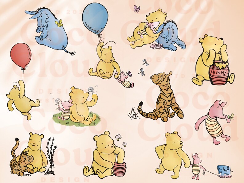 Clip Art clásico 11 Paquete Winnie Pooh Piglet Eeyore PNG PDF, Obra de ...