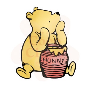 Tarro de miel clásico de Winnie Pooh, recorte PNG, imágenes prediseñadas de arte, fondo transparente, invitaciones de cumpleaños de Baby Shower, múltiples versiones/esquemas