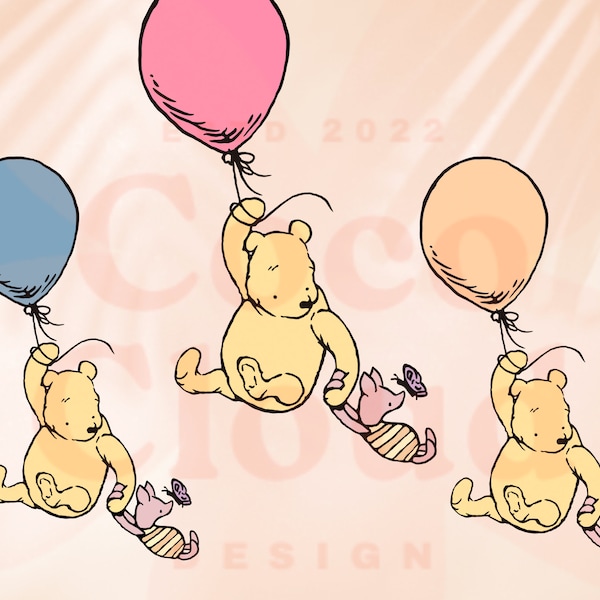 SVG Png Classic Winnie the pooh Piglet balloon, Artwork Clipart cricut, Transparent Background, Baby Shower Birthday Invitation BOY GIRL