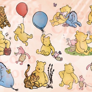 Classic Clip Art 11 Bundle Winnie Pooh Piglet Eeyore PNG PDF, Artwork, Transparent, Baby Shower Birthday Invitations old school Card vintage