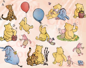 Classic Clip Art 11 Bundle Winnie Pooh Piglet Eeyore PNG PDF, Artwork, Transparent, Baby Shower Birthday Invitations old school Card vintage