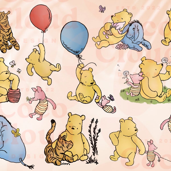 Clip Art clásico 11 Paquete Winnie Pooh Piglet Eeyore PNG PDF, Obra de arte, Transparente, Invitaciones de cumpleaños de baby shower Tarjeta de la vieja escuela vintage