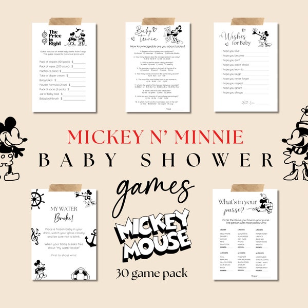 Mickey en Minnie Mouse Baby shower game pack, Classic Steamboat Willie, pdf download antwoordsleutels gender nuetral party ideeën moeder om grappig te zijn