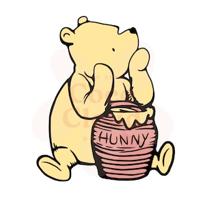 以下が含まれることがあります： 黄色いクマのプーさんの漫画のイラストで、赤いハチミツの壺を持っており、壺には「ハニー」と書かれています。