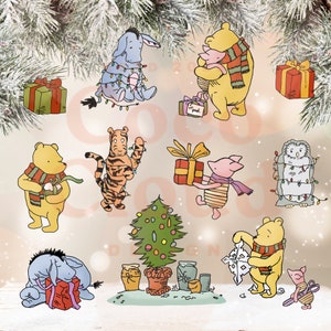 Paquete navideño* PNG/JPG Clásico Vintage Winnie Pooh y sus amigos Clipart transparente, Tarjeta de invitaciones de cumpleaños para baby shower Árbol de Navidad
