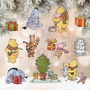 Vakantiebundel* PNG/JPG klassieke vintage Winnie Pooh en vrienden clipart transparant, baby shower verjaardagsuitnodigingen kaart kerstboom