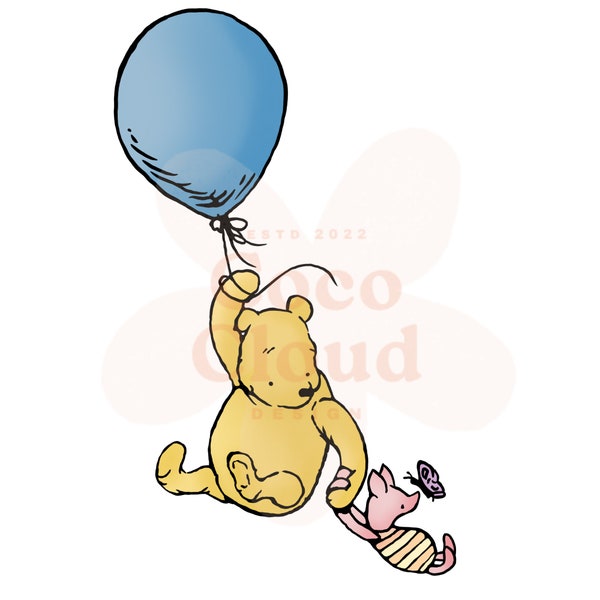 Classic Winnie the Pooh Piglet balloon PNG JPEG, Artwork Clipart, Transparent Background, Baby Shower Birthday Invitations, Card Shirt