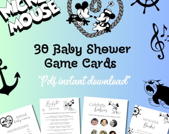 Classic Mickey 30 Baby shower game pack, Steamboat Willie Minnie Mouse, pdf download answer keys coed party ideas, mom to be printables