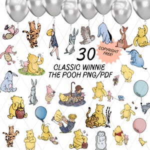 Ultimate Classic Winnie the Pooh e amigos Clip Art, PNG/PDF Pacote com 30, Transparente, Convites para chá de bebê, Aniversário, Cartão Balão vintage