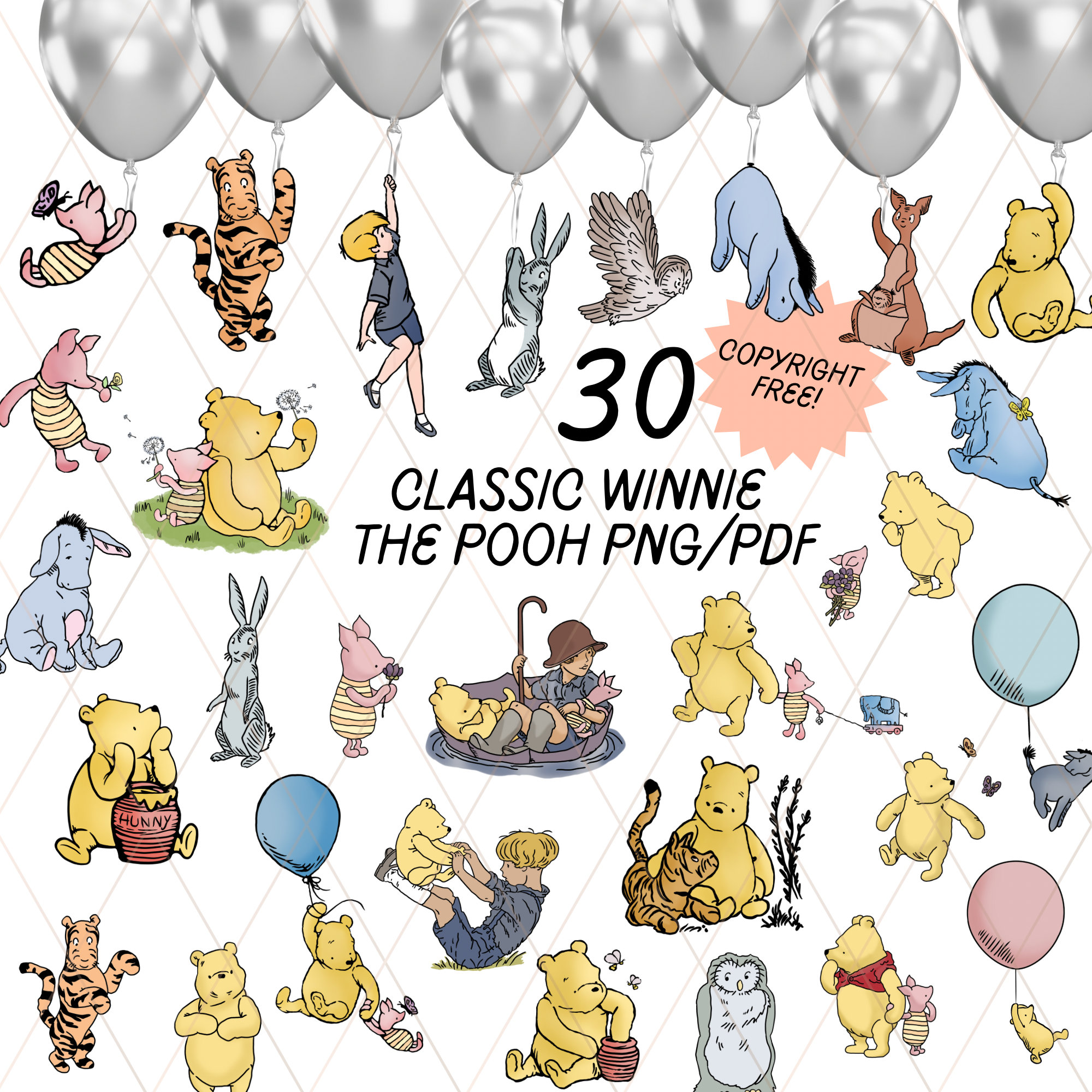Ultimate Classic Winnie the Pooh and Friends Clip Art PNG PDF 30 Bundle, Transparent, Baby Shower Birthday Invitations Card Vintage girl boy
