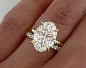 3 CT Oval Cut Moissanite Engagement Ring Set & Hidden Halo Wedding Band in 14k Yellow Gold Full Eternity Matching Set
