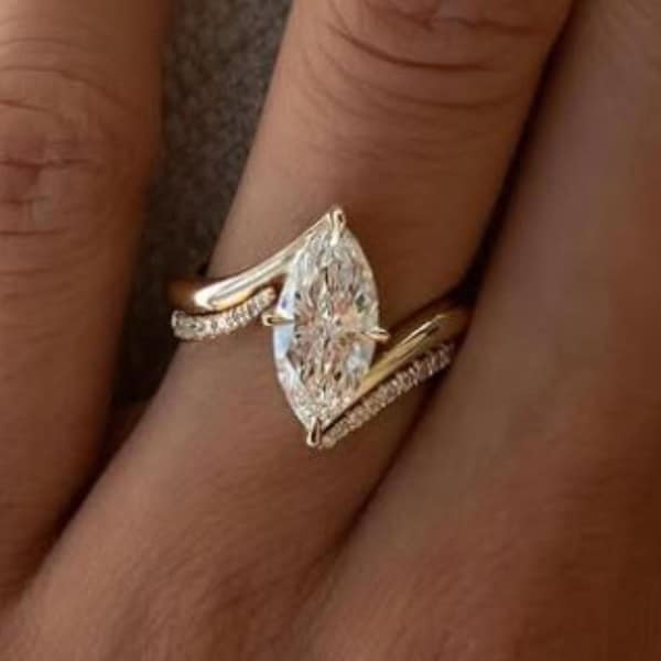 3 CT Marquise Cut Engagement Ring Set Vintage Moissanite Solitaire Ring with Unique Matching 14K Solid Gold Wedding Promise Band for Her