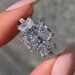 4 Ct Radiant Cut Moissanite Three Stone Engagement Ring Gift For Her Promise Solid Gold Ring Anniversary Gift Rings For Women