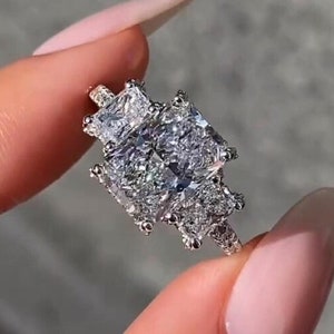 3.5 CT Radiant Cut Moissanite Engagement Ring,14K Solid Gold Three Stone Promise Ring, Unique Anniversary Gift For Her
