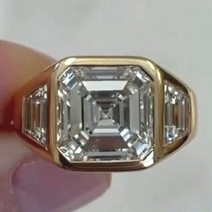 Signet Bezel Set Asscher Cut 10MM Moissanite Ring, Engagement Ring 14K Gold Anniversary Gift For Men Designer Wedding Ring Gift For Him